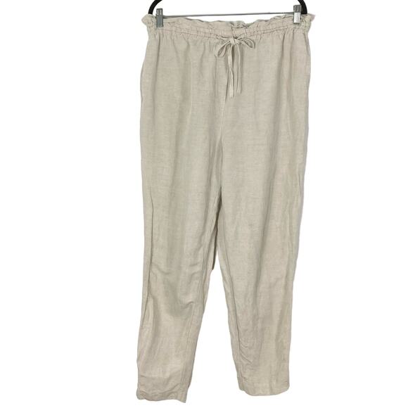 NWOT H&M Pant Women L Linen Blend Pull On Straight Bow Drawstring Beige Pocket - Picture 1 of 4
